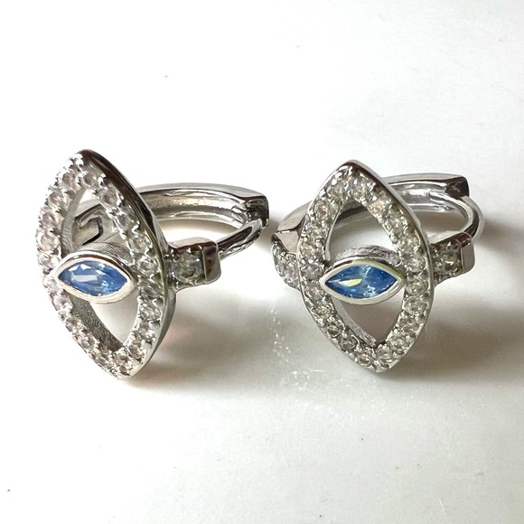 Blue Crystal Eye Tiny Round Hoop Earrings - Picture 8 of 8